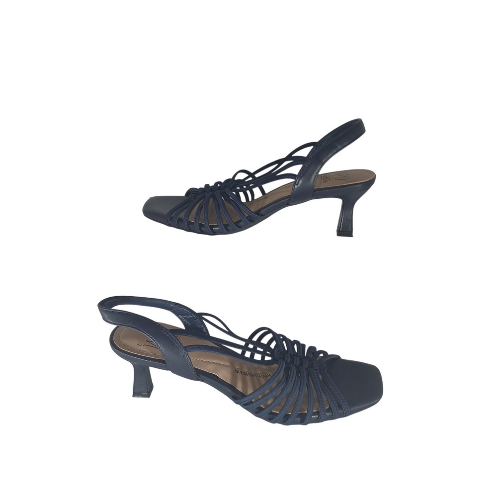 Impo Stretch Strappy Kitten Heels 8M Navy Blue Square Toe Memory Foam Chic